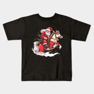 Merry Christmas Santa Claus Riding Red Horse Kids T-Shirt